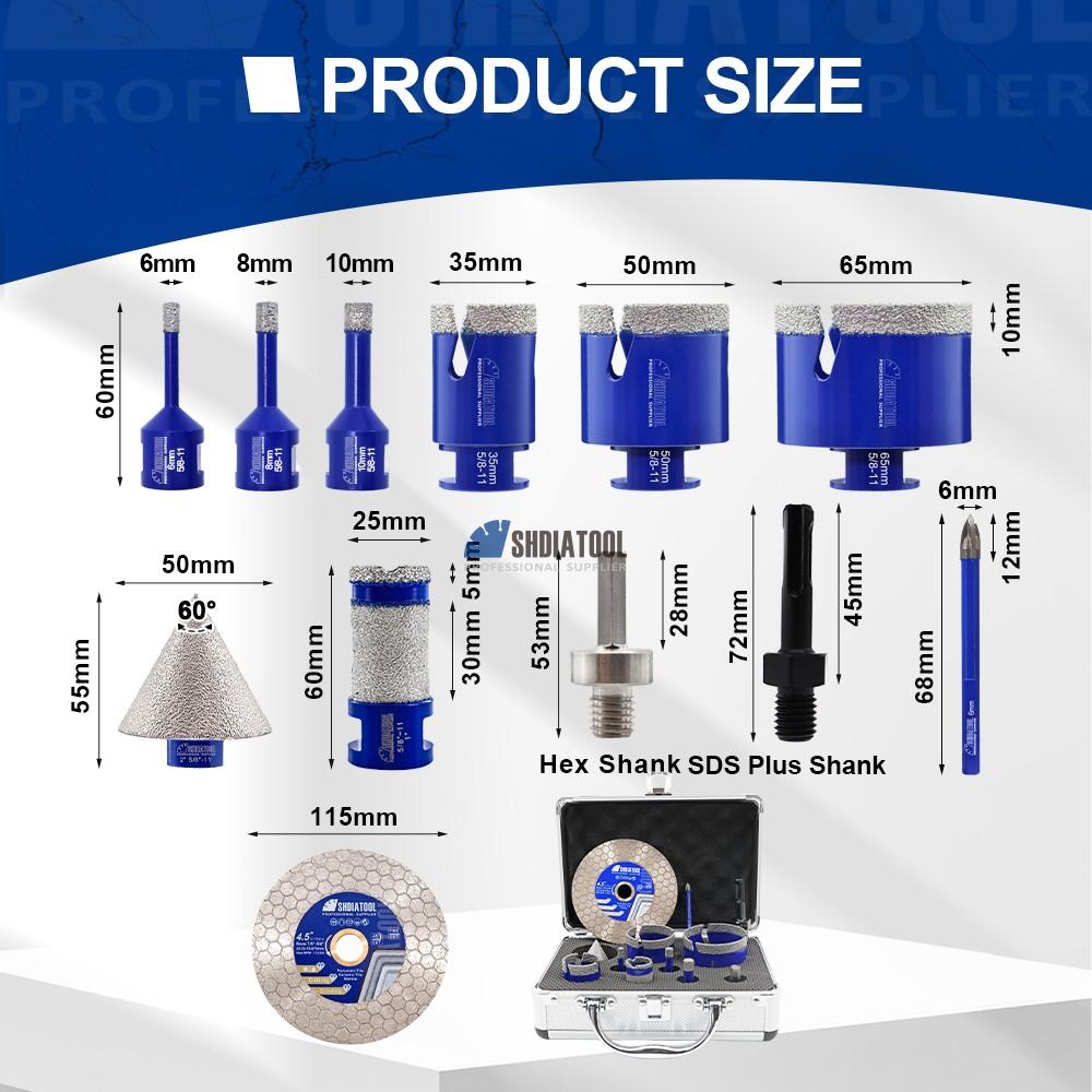 12PCS/1Set Vacuum Brazed 5/8-11 Diamond Drill Core Bit Kit & Beveling Chamfer Finger Milling Bits & Saw Blade with HEX/SDS Shank