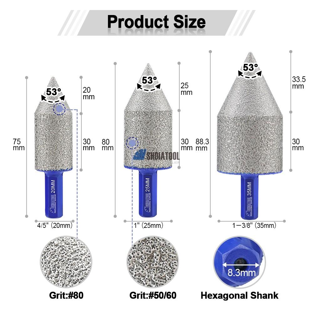 Dia20/25/35mm Vacuum Brazed Diamond Beveling Chamfer Bit Hole Trimming Diamond Milling Bits with Hex Shank