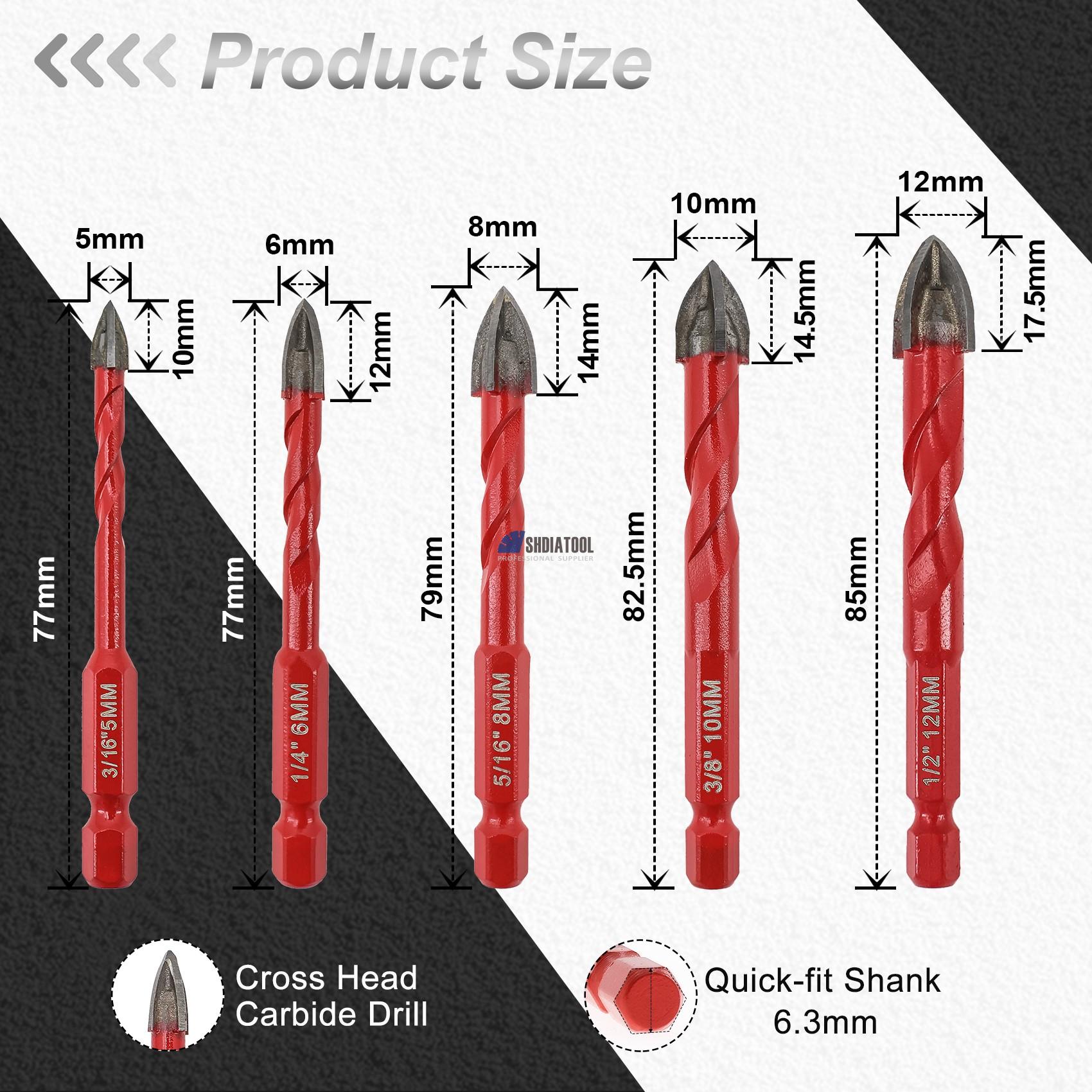 5/6/8/10/12mm Diamond Carbide Alloy Drill Bit Cross Tip Triangle Hole Saw Hole Cutter with Quick-fit Hex Shank