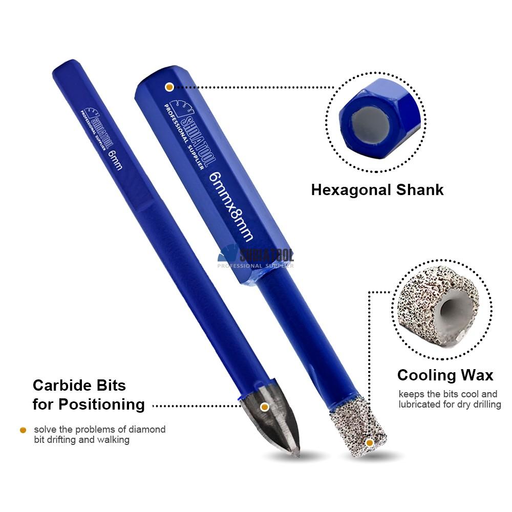 1Set 5/6/8/10mm Brazed Diamond Core Drill Bit + 6mm Carbide Triangular Drill Hole Saw with Hexagon Shank for Tile Granite Marble