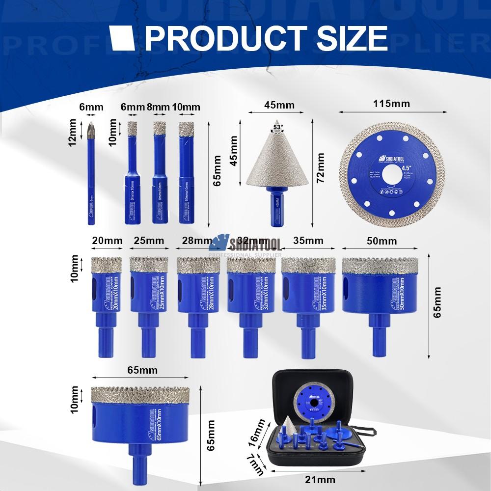 13PCS Diamond Drill Bit Saw Blade Set Brazed Tile Hole Saw Core Drill Bit Chamfer Tile Cutter Kit Triangle Shank for Granite