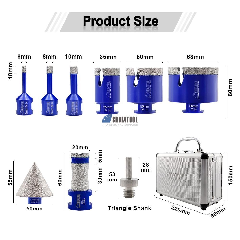 9pcs Diamond Drill Bits Kit 6/8/10/35/50/68mm M14 Hole Saw+20mm Finger Bit+50mm Chamfer Bevelling Porcelain+Adapter