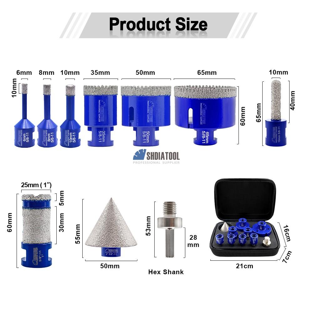 10pcs/kit Vacuum Brazed 5/8''-11 Thread Diamond Drill Bits Set Chamfer Beveling Milling Finger Bit With Hex Shank Adapter