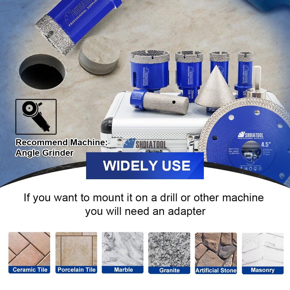 8PCS Brazed 5/8''-11 20/25/35/50mm Diamond Drill Core Bit Kit & 2'' Beveling Chamfer&20mm Finger Milling Bit/4.5in Saw Blade