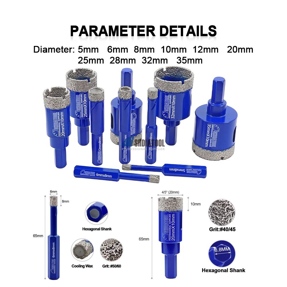 Dia5-35MM Dry Vacuum Brazed Diamond Granite Cutting Hole Saw Diamond Core Drill Bit With Hexagonal Shank