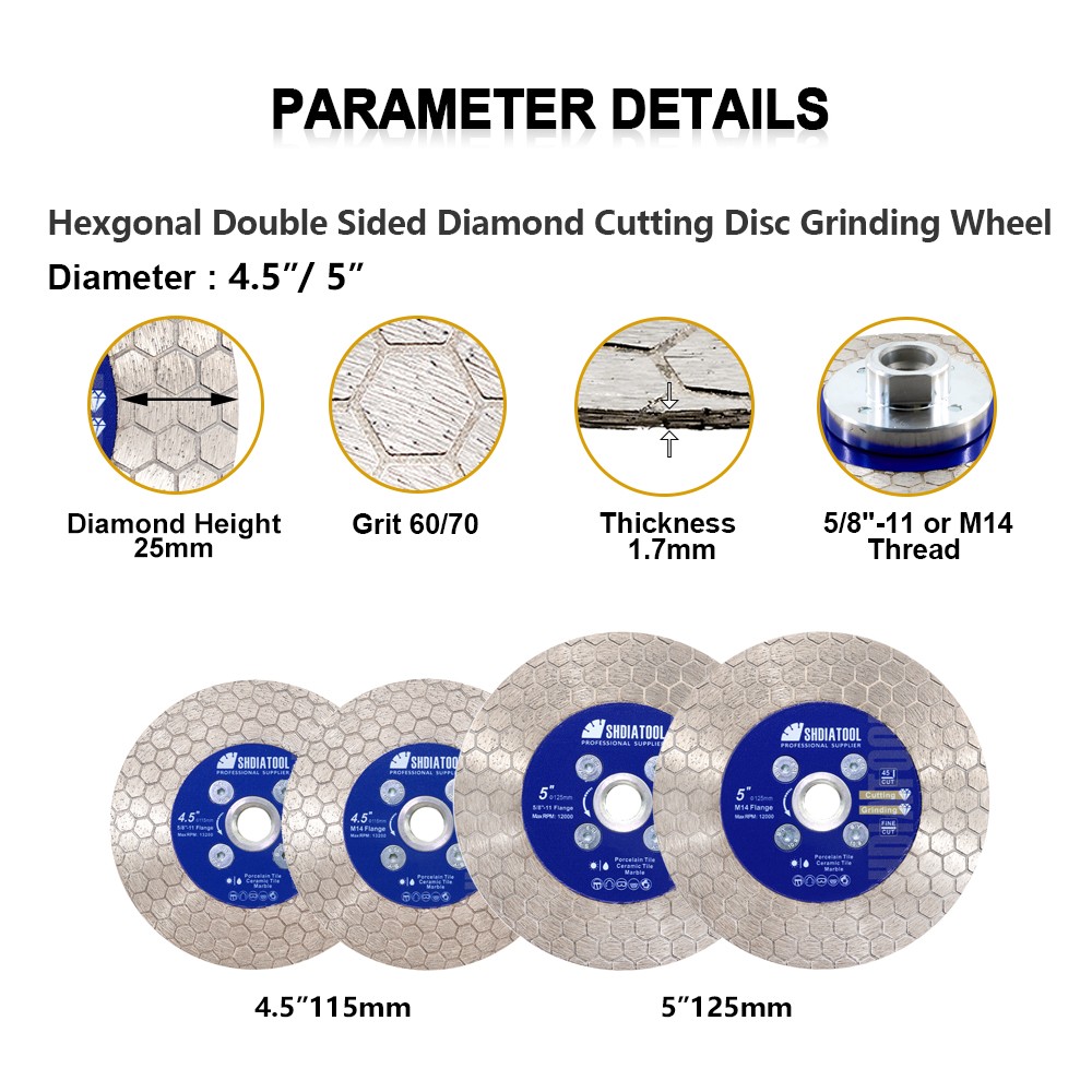 105/115/125mm Hexagonal Double Sides Diamond Saw Blade Cutting&Grinding Disc for Tile Marble Granite with 5/8