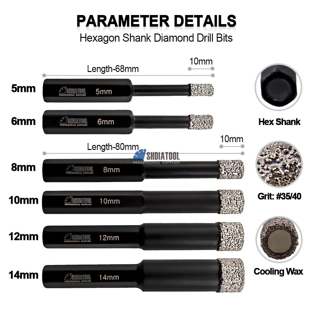 5/6/8/10/12/14mm Vacuum Brazed Diamond Dry Drilling Core Bits Hole Saw with Hex Shank for Tile Masonry Marble