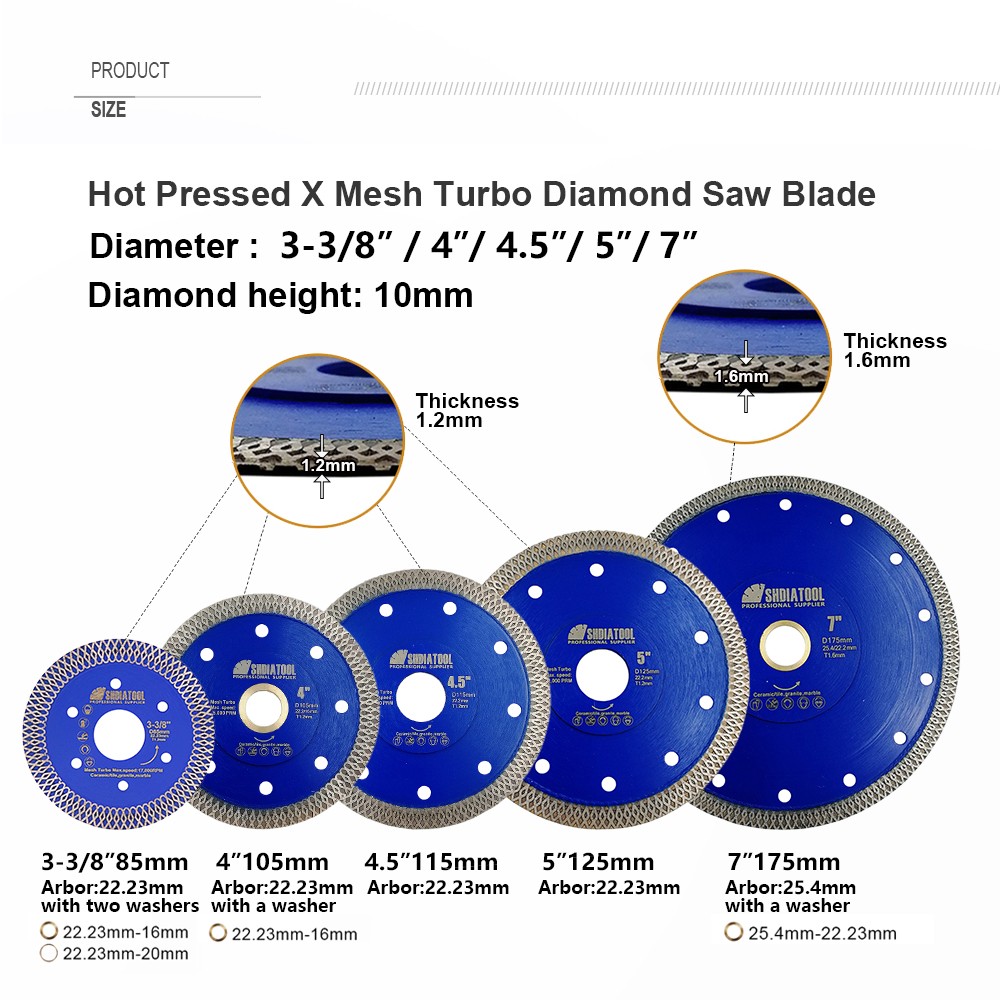 SHDIATOOL 4''-14'' Hot pressed Turbo X-shaped Diamond Saw Blade Diamond Cutting Disc Wheel for Ceramic Tile Marble Granite