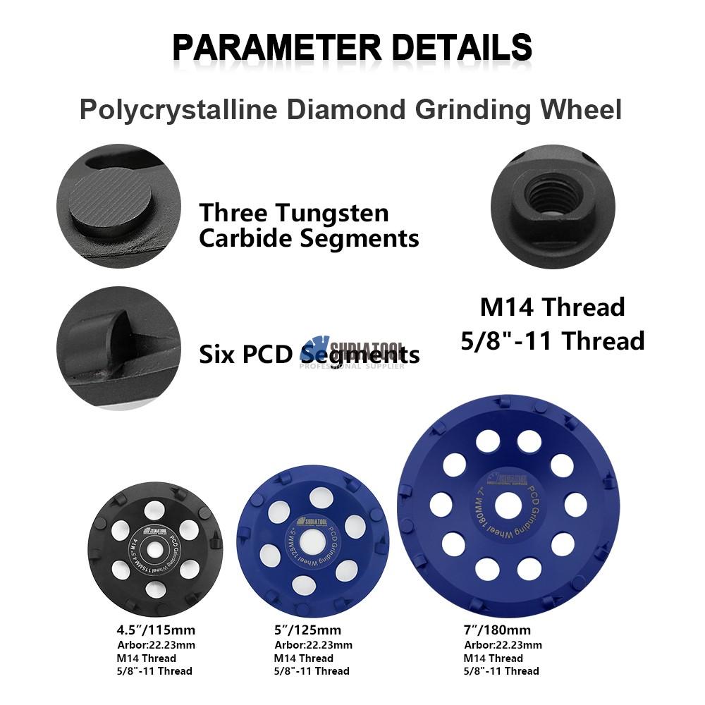 4.5in/5in/7in Diamond PCD Grinding Cup Wheel Poly Crystalline Grinding Disc for Epoxy Coating Removal with M14/5/8''-11 Thread