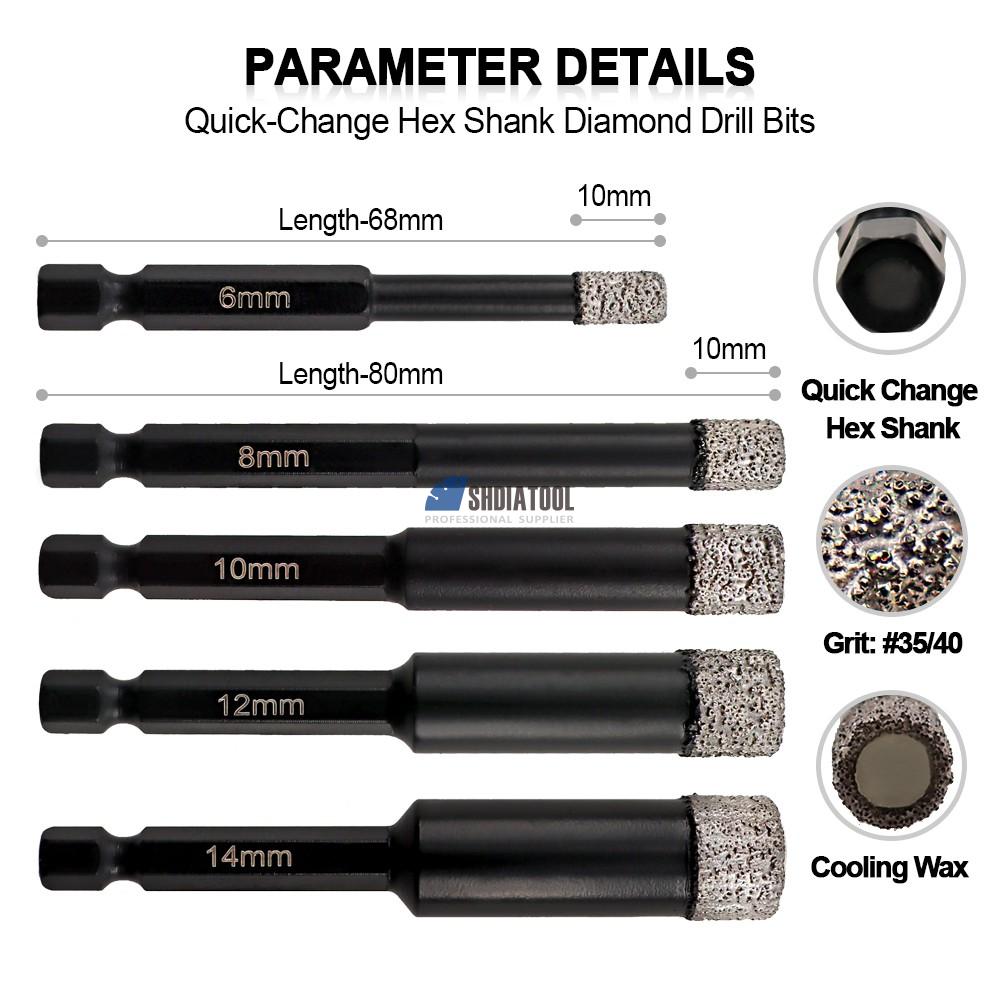 Dry Diamond Drill Bits Diamond Hole Saw Vacuum Brazed Diamond Core Drill Bit Quick-fit Shank for Porcelain Tile Granite Marble