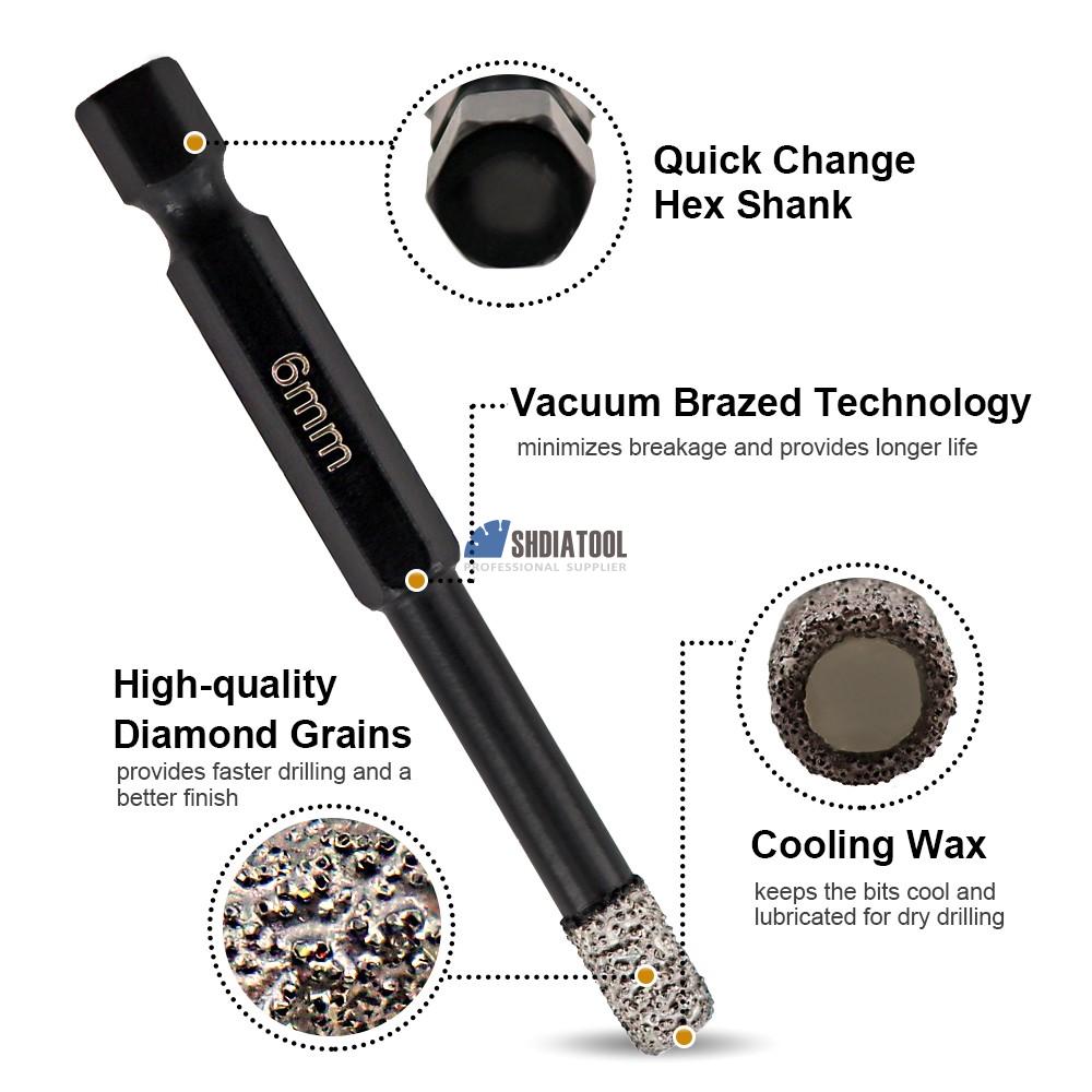 Dry Diamond Drill Bits Diamond Hole Saw Vacuum Brazed Diamond Core Drill Bit Quick-fit Shank for Porcelain Tile Granite Marble