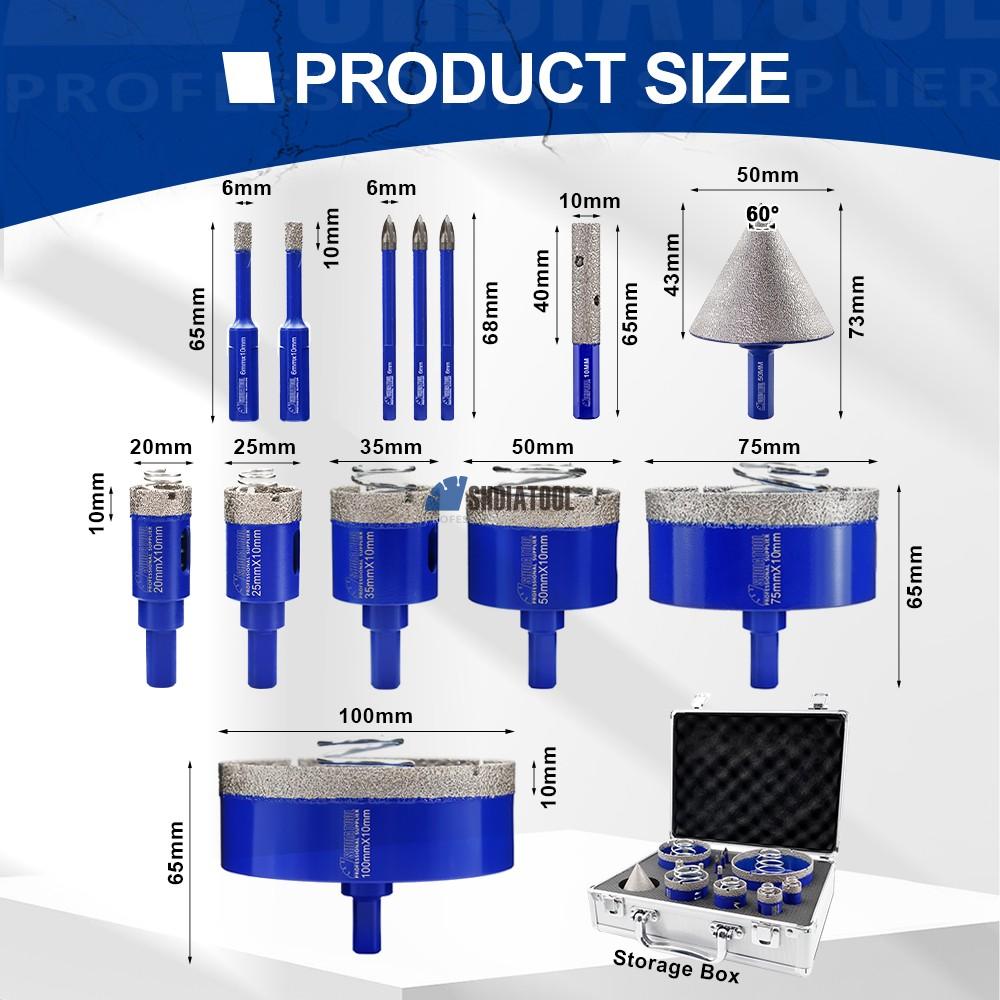 SHDIATOOL OEM Triangle Shank Diamond Core Drill Bit Set Brazed Cutting Dry Diamond Hole Saw Hardware Tools Kit