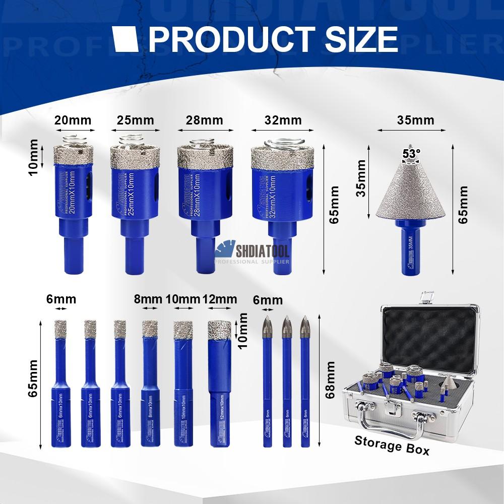1Set/14PCS Triangle Shank Vacuum Brazed Diamond Core Drill Bits Set Tile Hole Saw Kit for Porcelain Tile Ceramic Marble Brick