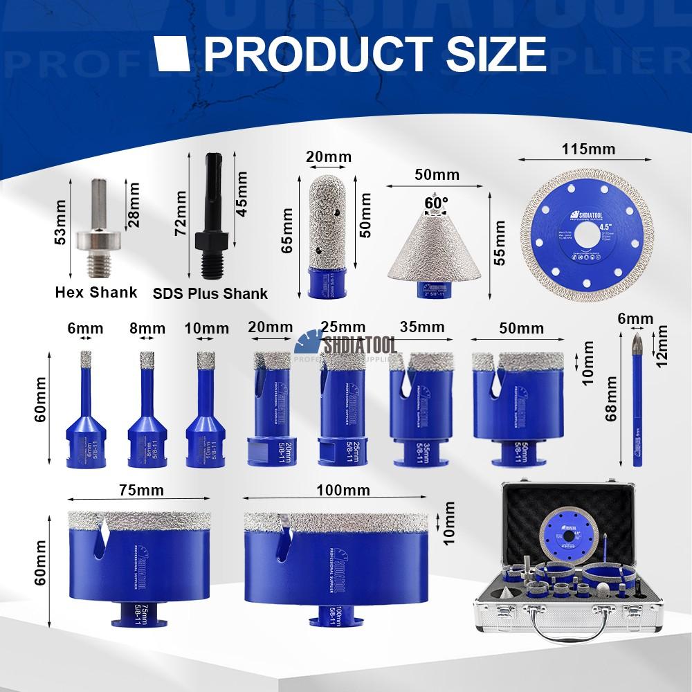 5/8''-11 Vacuum Brazed Diamond Core Drill Bit Set Saw Blade Diamond Crowns Hole Saw Kit For Granite Marble Stone Porcelain Tile
