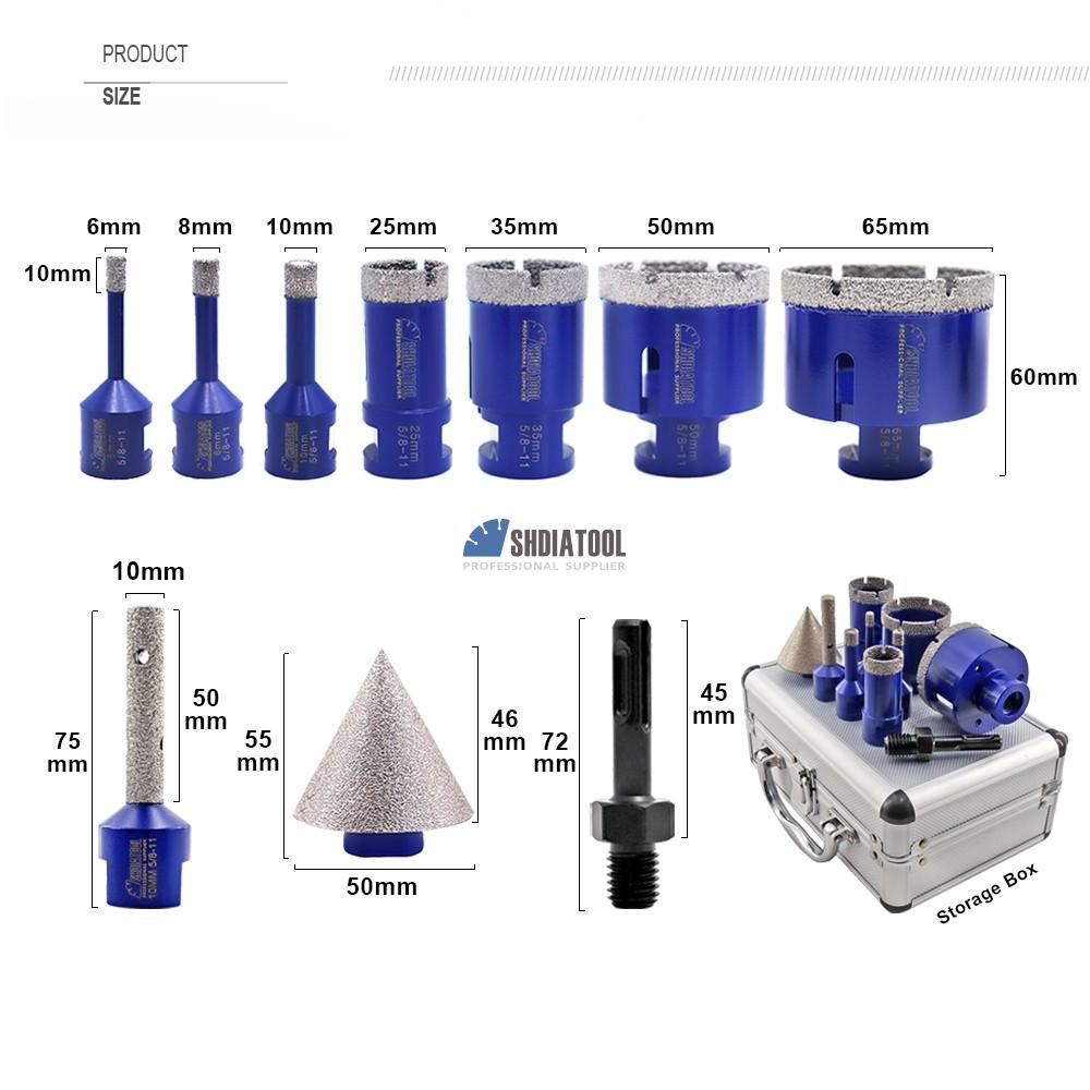 1set/10pcs 5/8''-11 Vacuum Brazed 6/8/10/25/35/50/65mm Diamond Drill Bits Set & Finger Milling Bit & 2'' Beveling Chamfer Bit