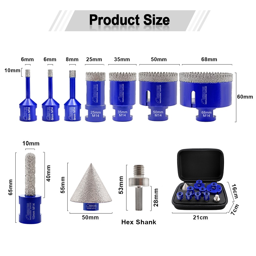 Oxford Set M14 Thread Vacuum Brazed Diamond Drilling Finger Milling Bit Chamfer Bit With Hex Shank