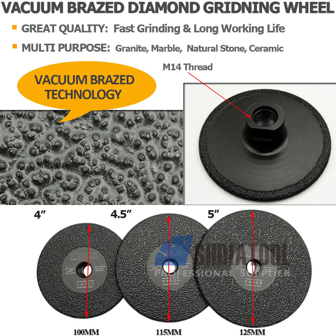 DIATOOL 1pc Convex Vacuum Brazed Diamond Grinding Cup Wheel 115mm Grinding Disc 