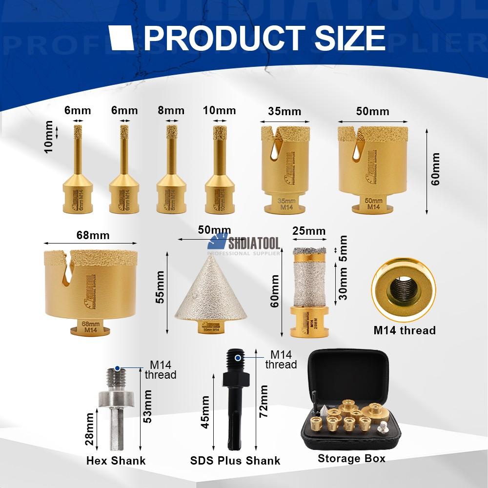 11PCS Vacuum Brazed Drill Core Bits+Chamfer+Finger Milling Bit Hex/SDS Adapter Diamond Hole Saw Cutter Kit Diamond Drill Bit Set