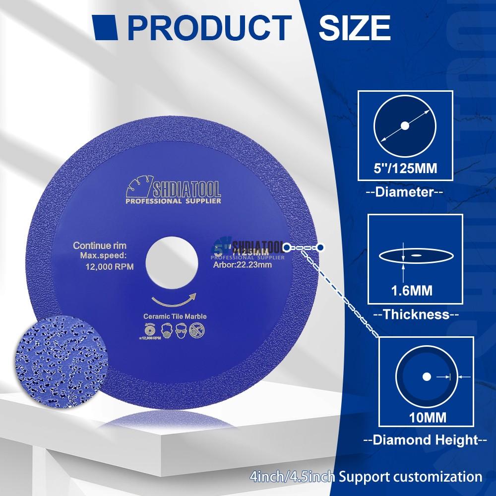 Vacuum brazed Continuous Rim Super Thin 5inch Diamond Saw Blade Cutting Disc for Granite Marble Cutter Blade